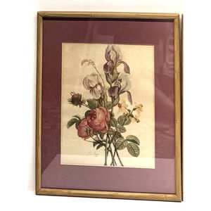 Vintage Jean Louis Prevost Iris Roses and Narcissus Print Framed with Mat/Glass